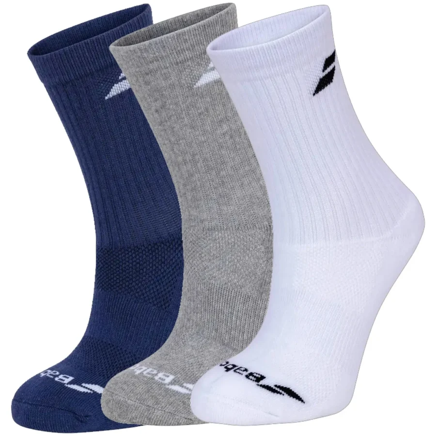 Chaussettes longues Babolat Pack Junior, lot de 3 paires – Blanc / Bleu foncé / Gris